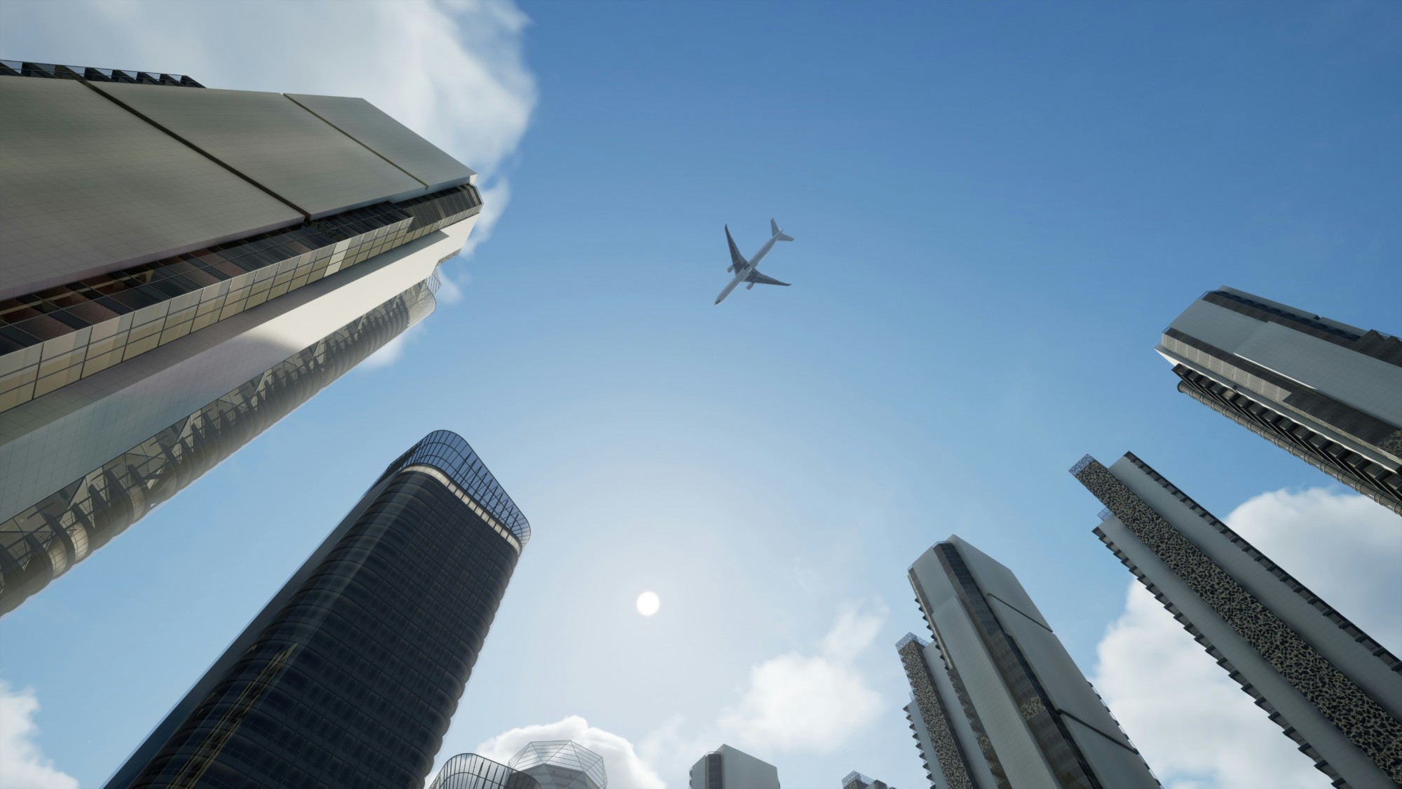 Looking up at modern city skyscrapers with a commercial jet flying overhead