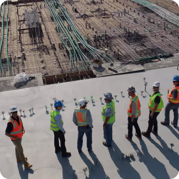 A drone shot of workers with helmets