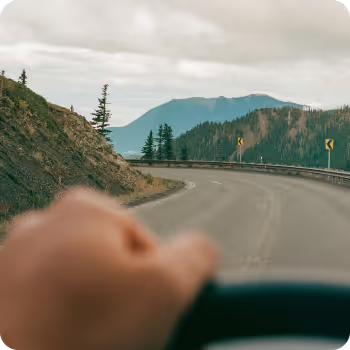 A person driving a car. A hand is at the steering wheel, and there's an open road ahead with beautiful nature.