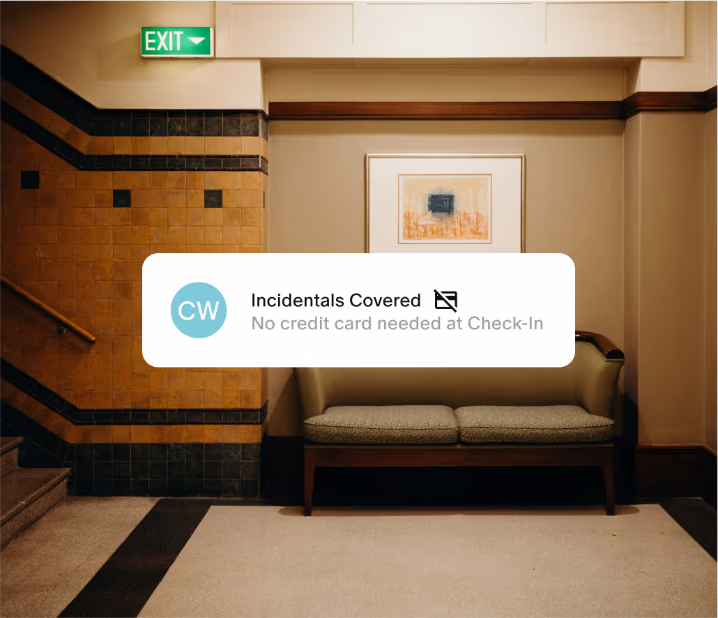 Incidentals covered label in front of a hotel lobby