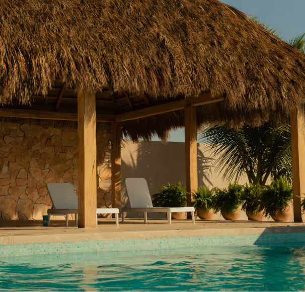 A porch and a swimming pool